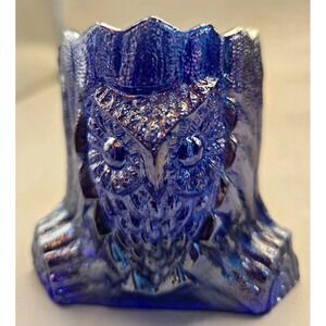 Vintage Owl Toothpick Holder In Stump Iridescent Blue Carnival Glass